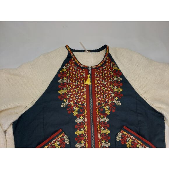 Free People Oversized Boho Boucle Bell Two Faced Embroidered Blue Red Jacket S - Picture 6 of 15